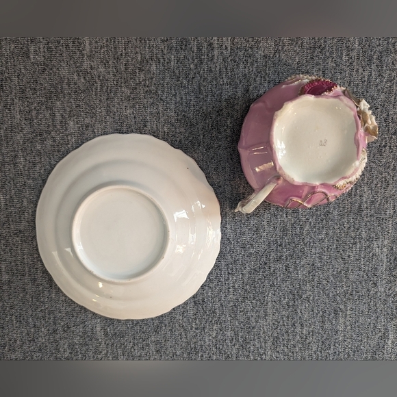 Antique Victorian Style Lusterware Cup and Saucer, Raised Floral Details - Picture 4 of 8